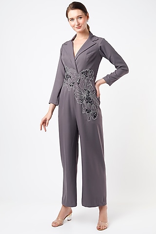 Grey Embellished Blazer Jumpsuit by Anuja Banthia