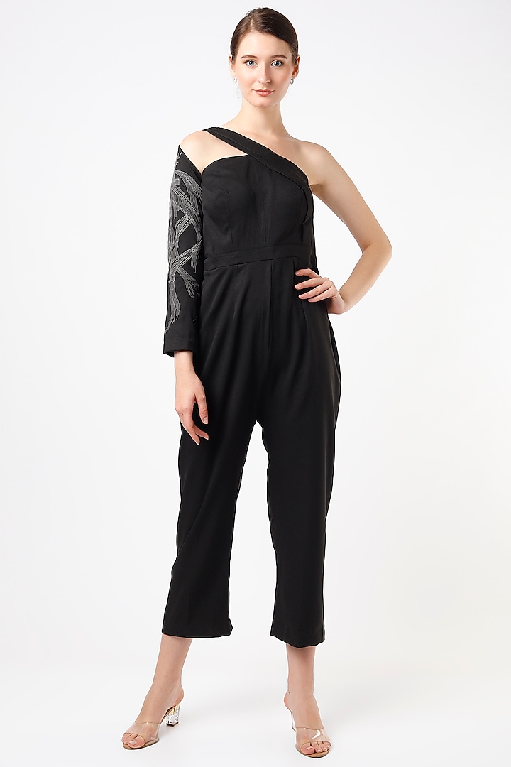 Black Embellished One-Shoulder Jumpsuit by Anuja Banthia