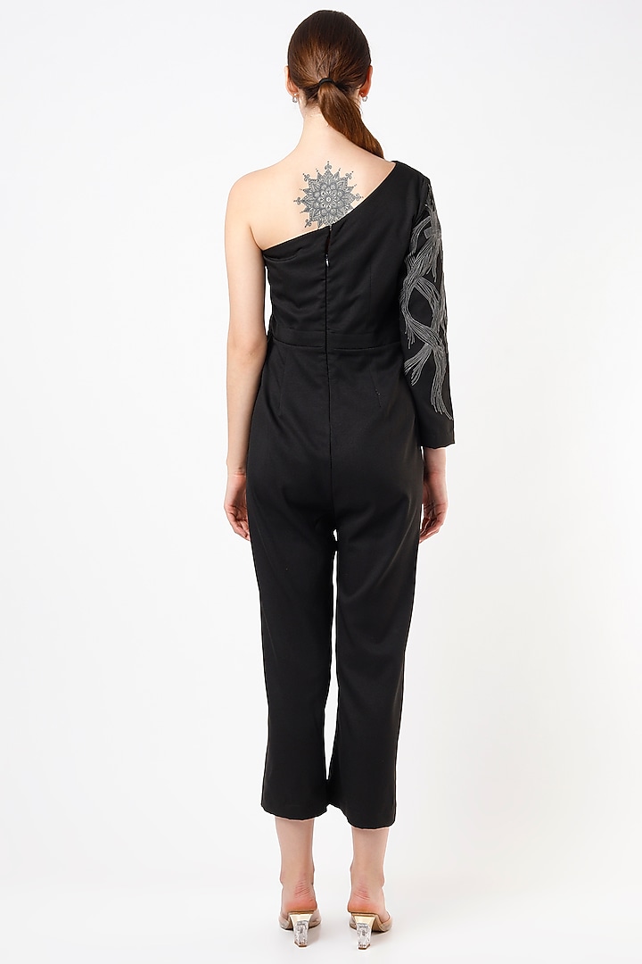 Black Embellished One-Shoulder Jumpsuit by Anuja Banthia at Pernia's Pop Up Shop