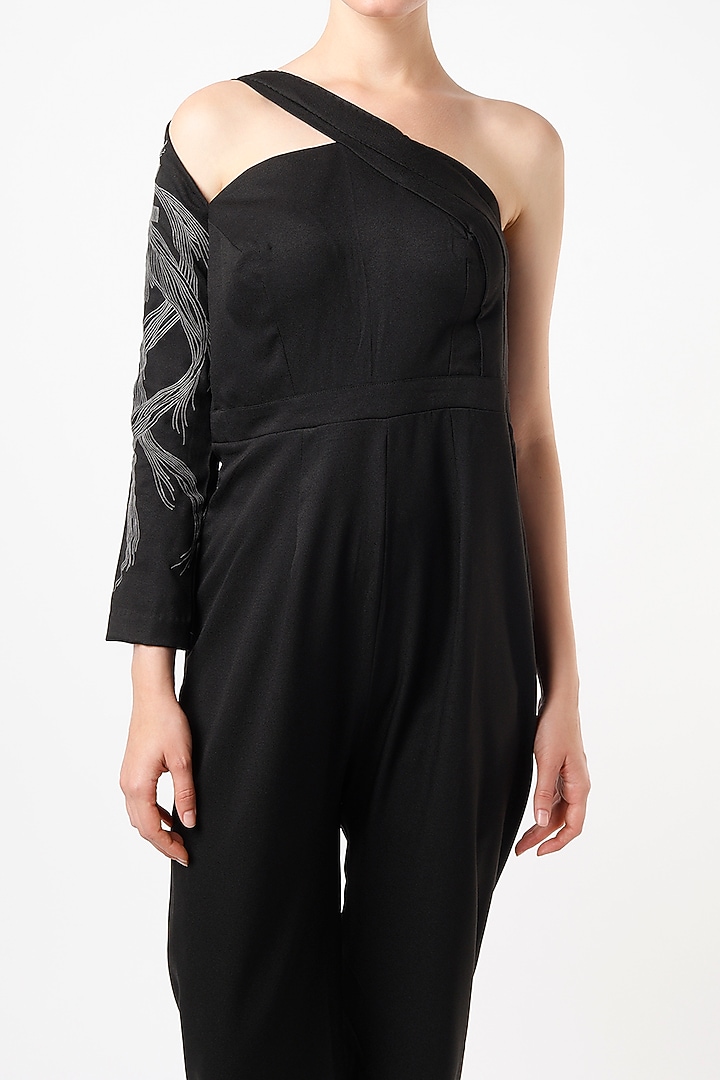 Black Embellished One-Shoulder Jumpsuit by Anuja Banthia at Pernia's Pop Up Shop