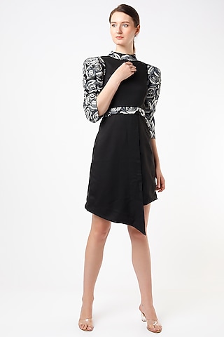 Black Embellished Asymmetrical Dress With Belt by Anuja Banthia