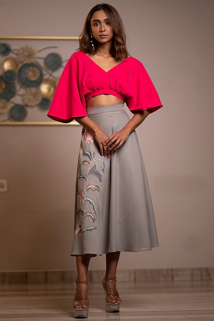 Smoke Grey Embroidered Flared Skirt Set by Anuja Banthia
