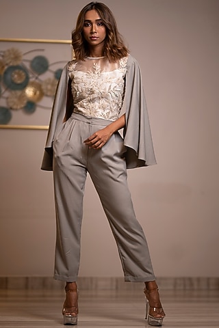Smoke Grey Alpha Crepe & Organza Blazer Set by Anuja Banthia