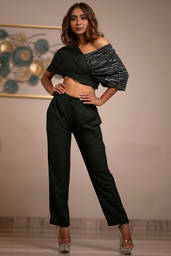 Bottle Green Pant Set In Alpha Crepe by Anuja Banthia
