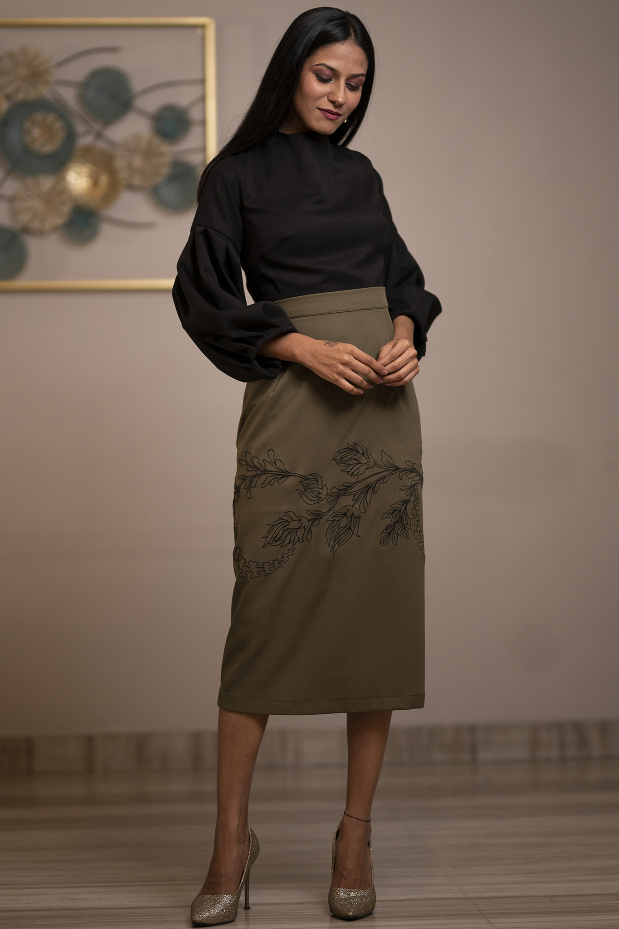 Olive Green Embroidered Skirt Set by Anuja Banthia at Pernia's Pop Up Shop