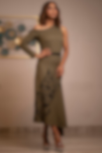 Olive Green Embroidered Midi Dress by Anuja Banthia