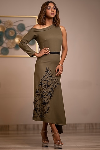 Olive Green Embroidered Midi Dress by Anuja Banthia