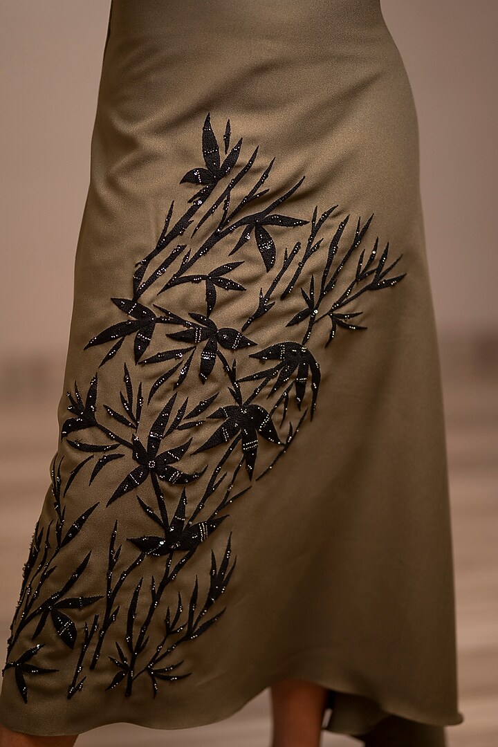 Olive Green Embroidered Midi Summer Dress by Anuja Banthia at Pernia's Pop Up Shop
