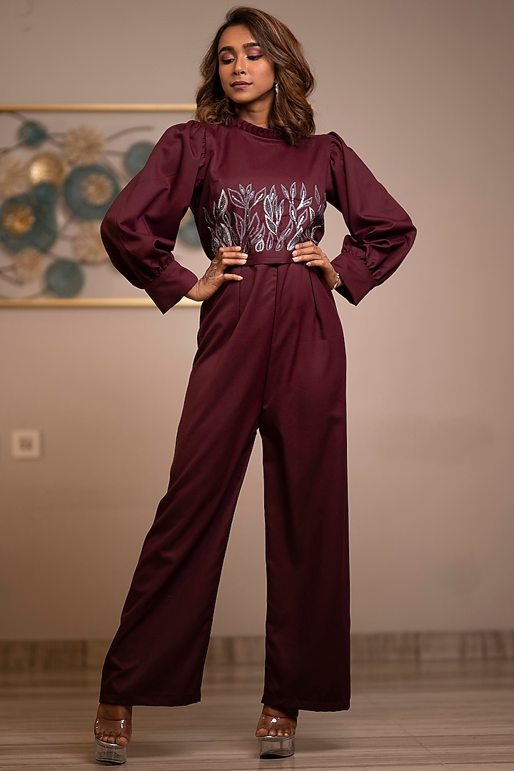 Wine Embroidered Jumpsuit by Anuja Banthia