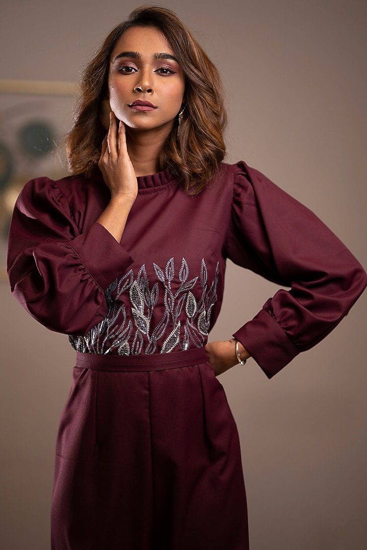 Wine Embroidered Jumpsuit by Anuja Banthia at Pernia's Pop Up Shop