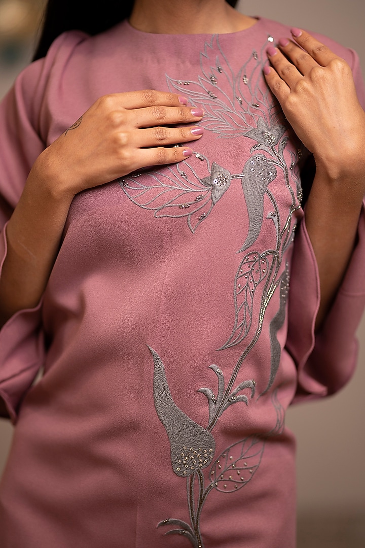 Mauve Floral Embroidered Mini Summer Dress by Anuja Banthia at Pernia's Pop Up Shop