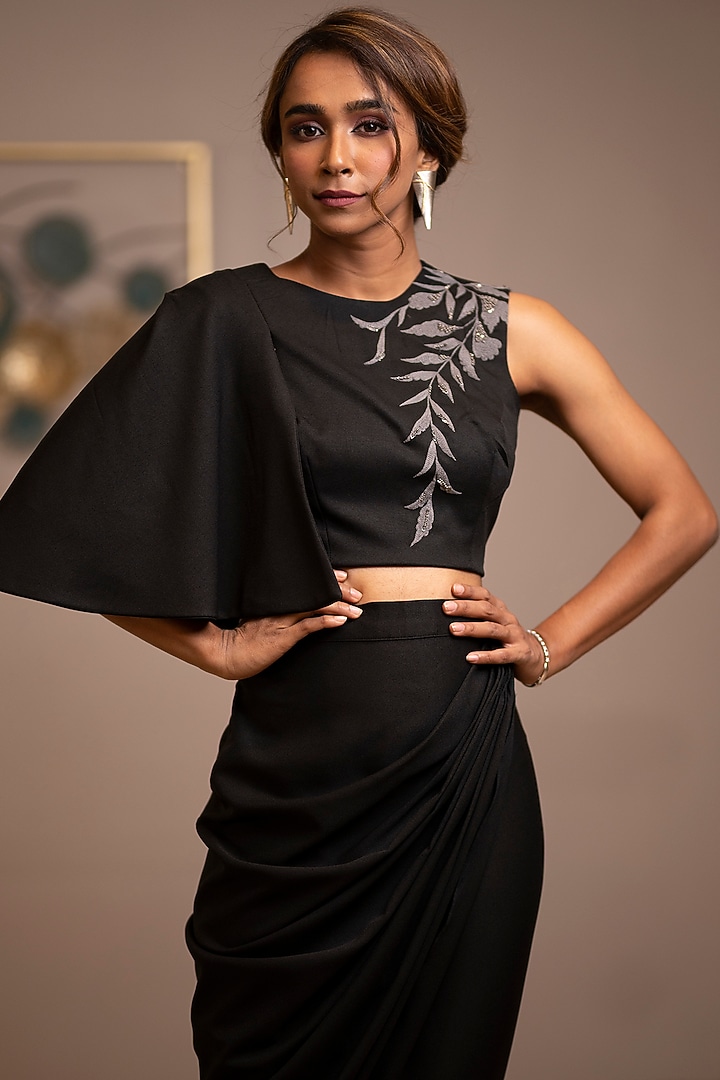 Black Alpha Crepe Draped Skirt Set by Anuja Banthia at Pernia's Pop Up Shop
