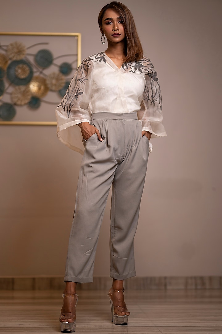 Smoke Grey Alpha Crepe Trouser Set by Anuja Banthia
