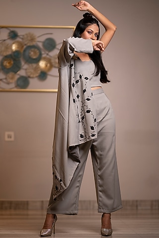 Smoke Grey Embroidered Jacket Set by Anuja Banthia