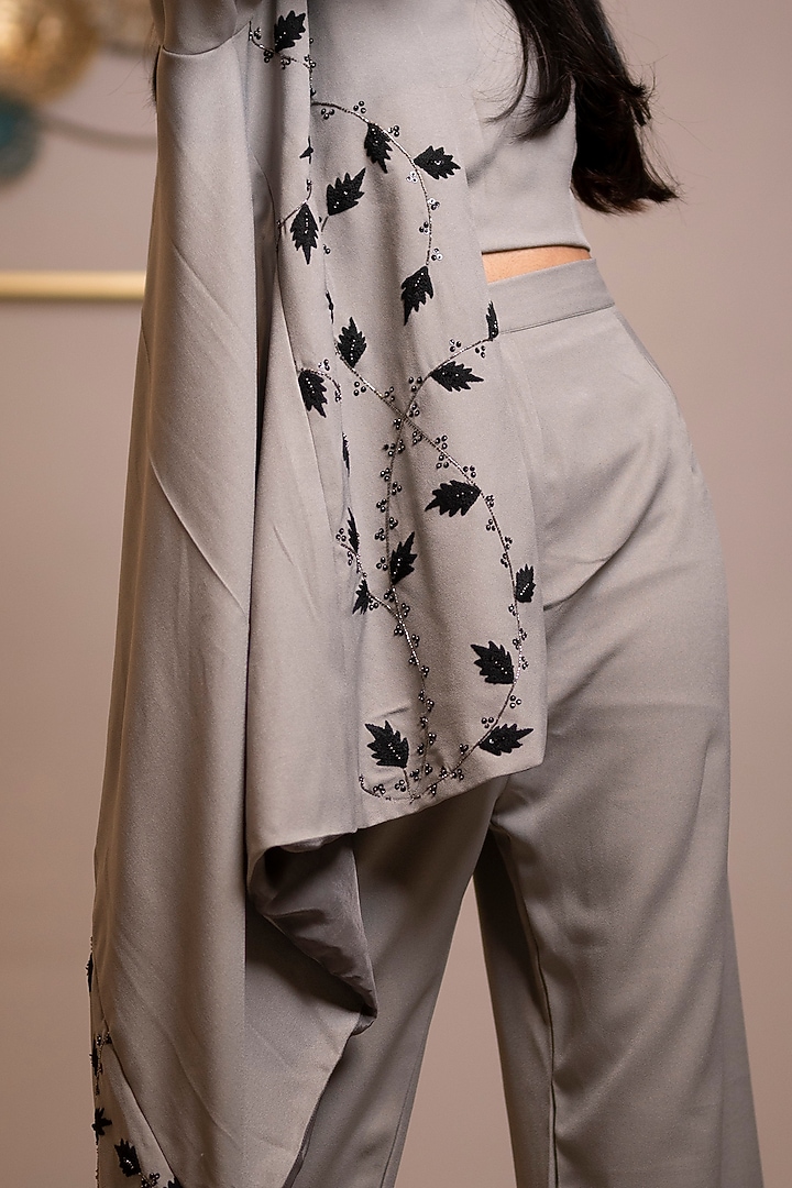 Smoke Grey Embroidered Jacket Set by Anuja Banthia at Pernia's Pop Up Shop