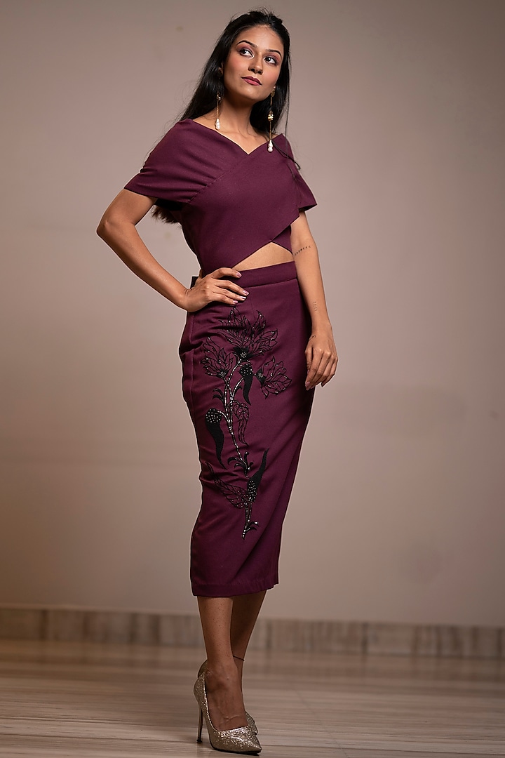 Wine Embroidered Skirt Set by Anuja Banthia