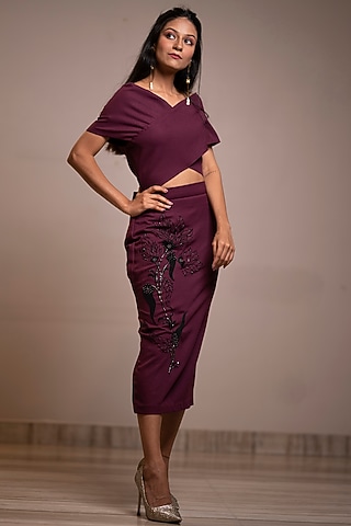 Wine Embroidered Skirt Set by Anuja Banthia
