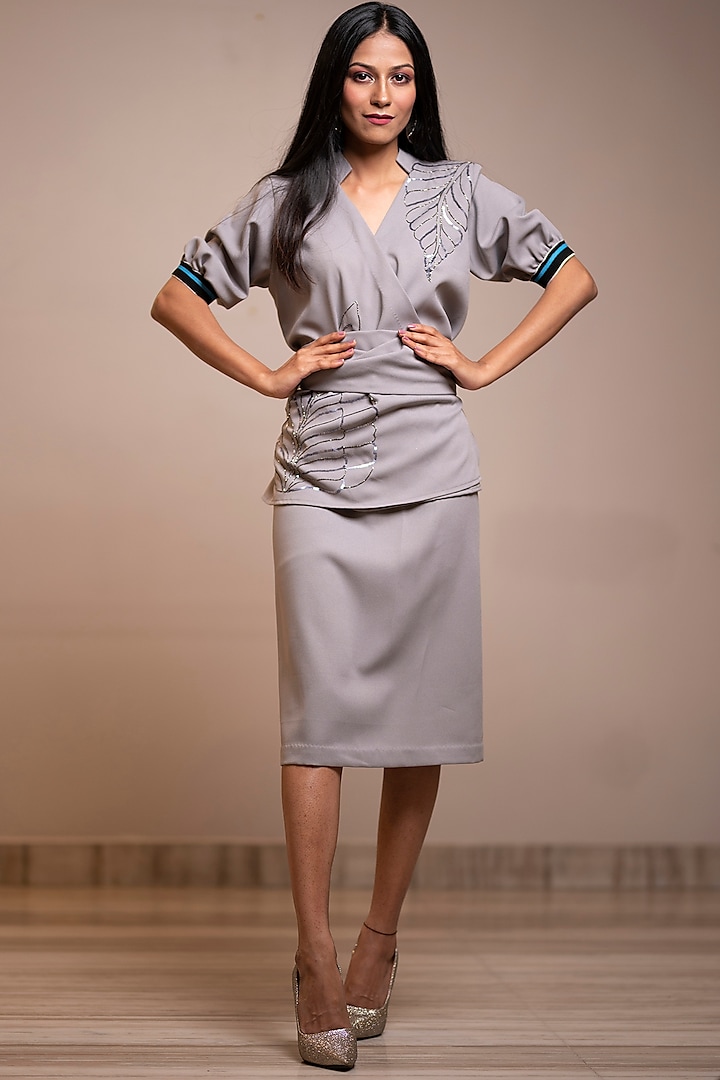 Smoke Grey Alpha Crepe Pencil Skirt Set by Anuja Banthia