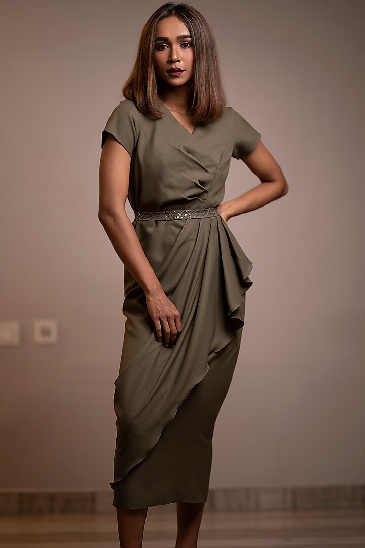 Olive Green Asymmetrical Pleated Dress by Anuja Banthia