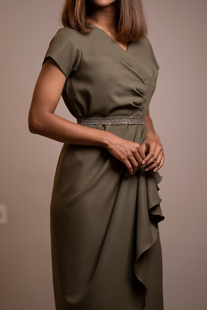 Olive Green Asymmetrical Pleated Summer Dress by Anuja Banthia at Pernia's Pop Up Shop