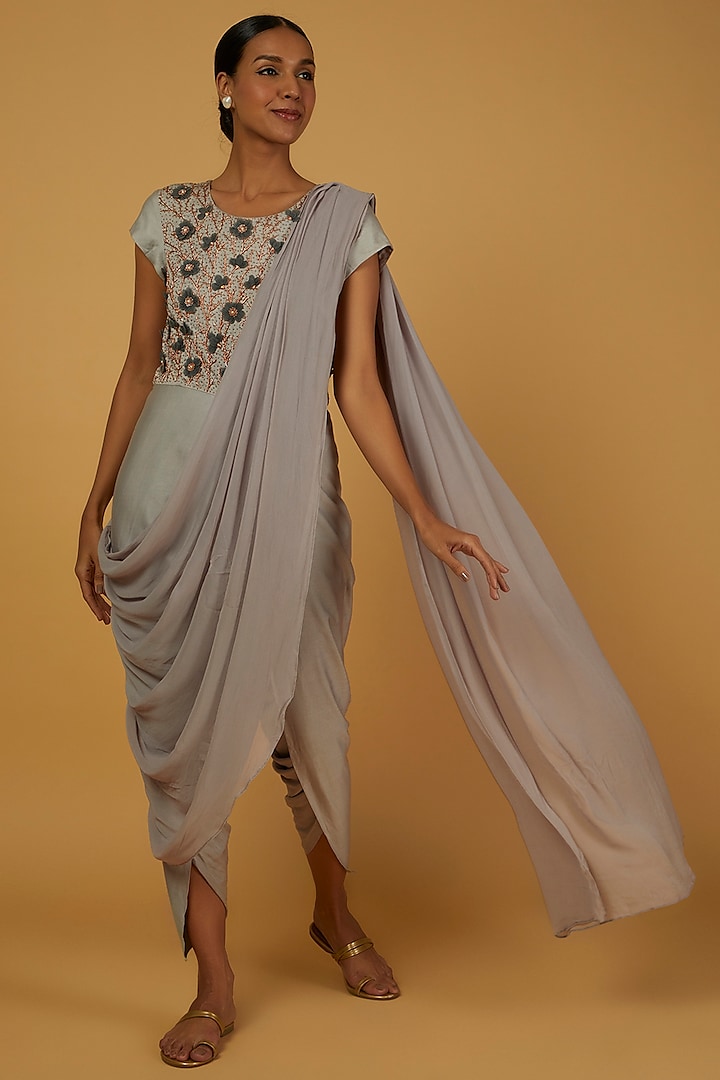 Grey Embroidered Dhoti Saree by Anuja Banthia