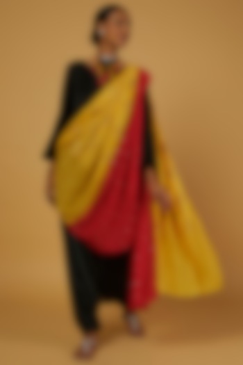Red & Yellow Embroidered Dhoti Saree Set by Anuja Banthia