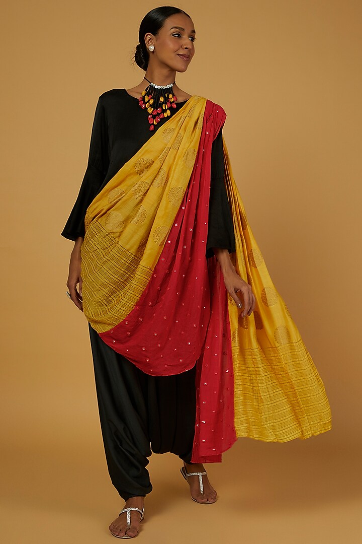 Red & Yellow Embroidered Dhoti Saree Set by Anuja Banthia at Pernia's Pop Up Shop