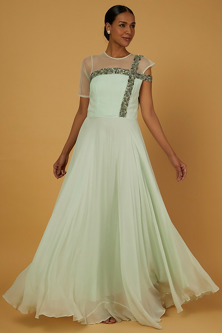 Sky Blue Embellished Gown by Anuja Banthia at Pernia's Pop Up Shop