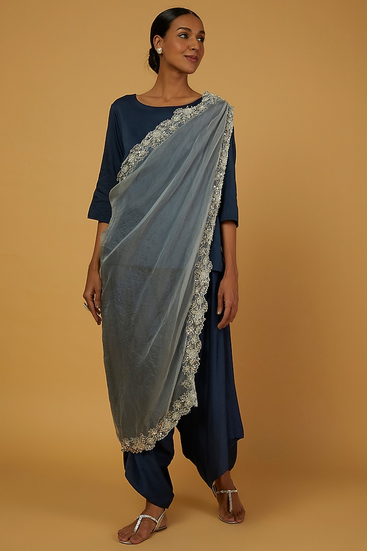 Cobalt Blue Embroidered Dhoti Saree Set by Anuja Banthia