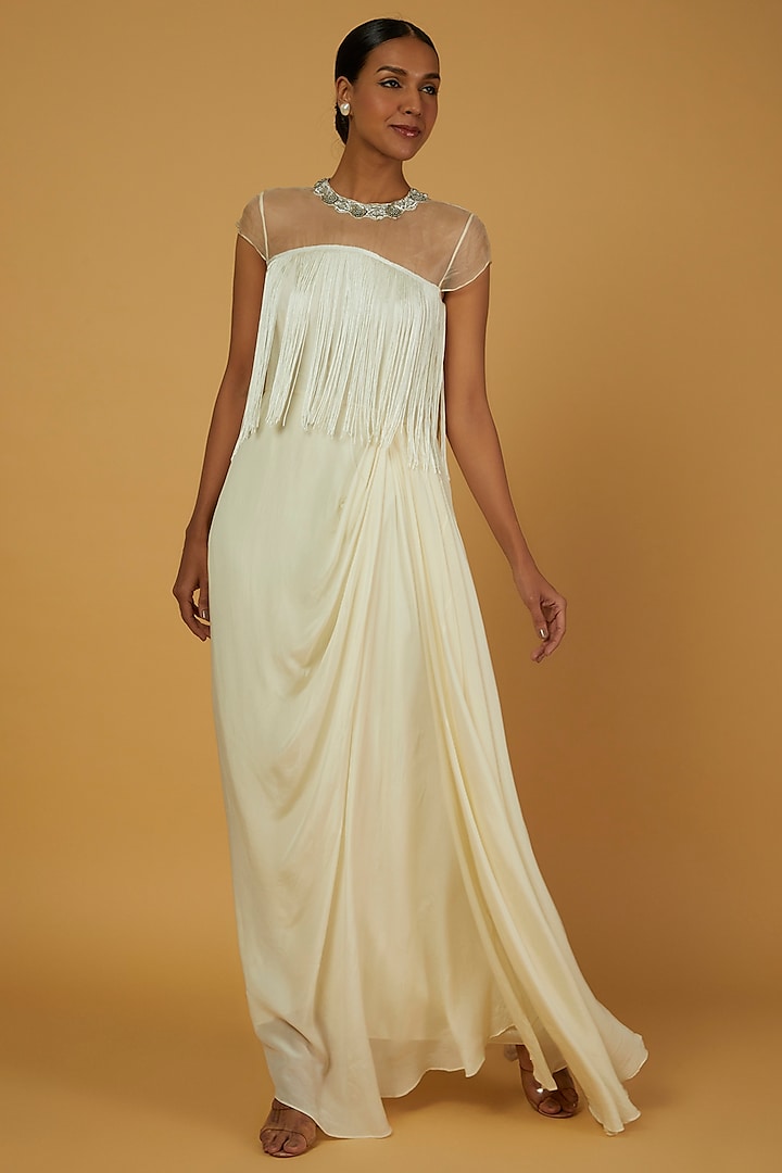 White Embroidered Draped Gown by Anuja Banthia
