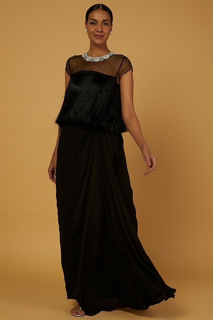 Black Embroidered Draped Gown by Anuja Banthia at Pernia's Pop Up Shop