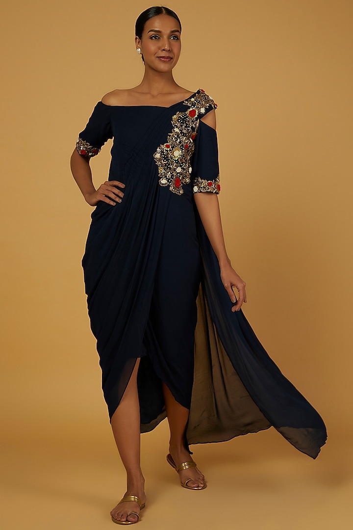 Cobalt Blue Hand Embroidered Gown Saree by Anuja Banthia
