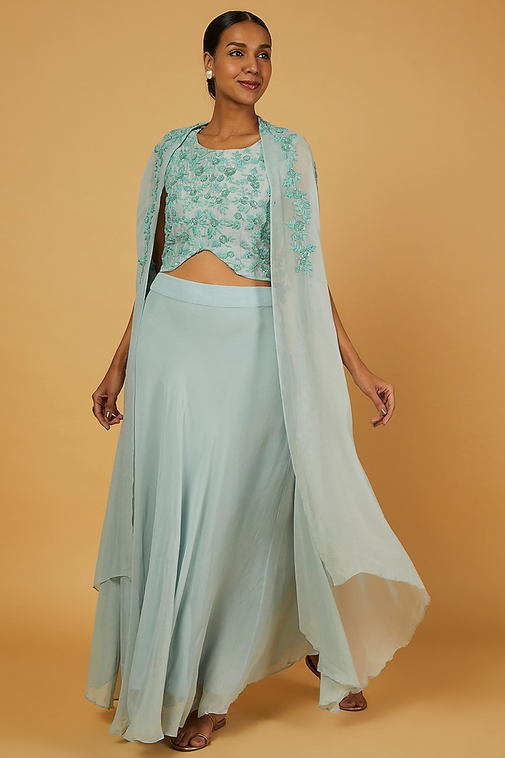 Sky Blue Embroidered Cape Set by Anuja Banthia