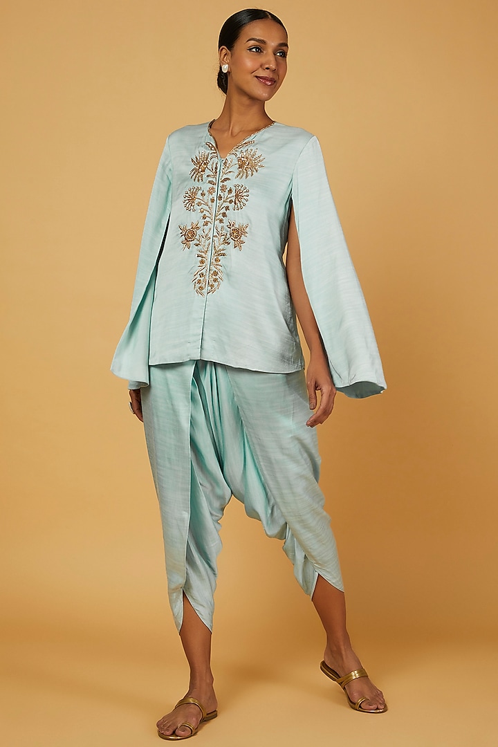 Sky Blue Hand Embroidered Cape Set by Anuja Banthia
