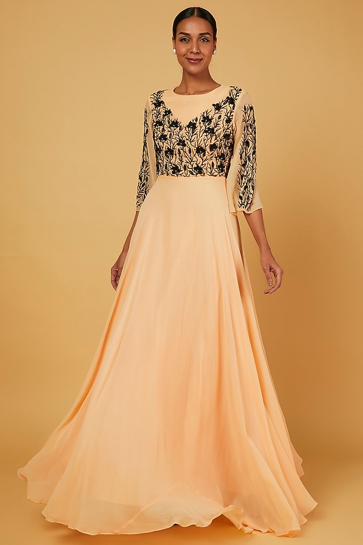 Peach Embroidered Gown by Anuja Banthia