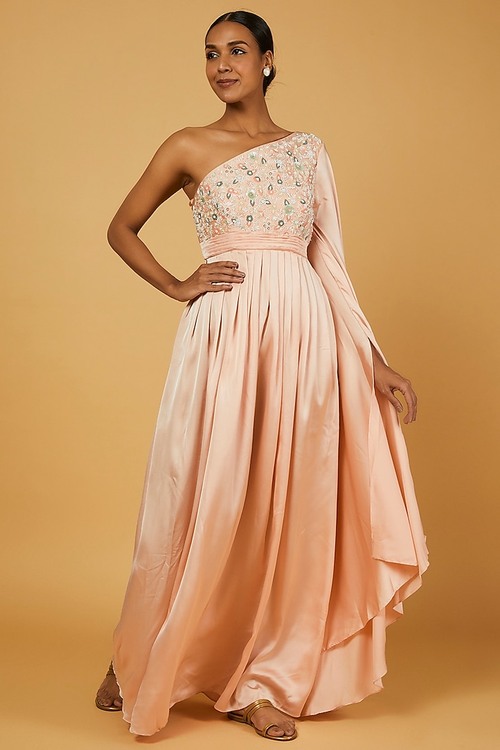 Peach Hand Embroidered Gown by Anuja Banthia