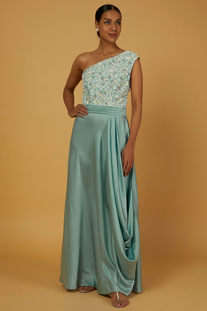 Sky Blue Hand Embroidered Gown by Anuja Banthia at Pernia's Pop Up Shop