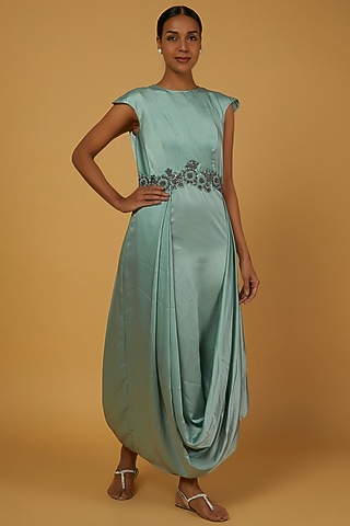 Sky Blue Hand Embroidered Dress by Anuja Banthia