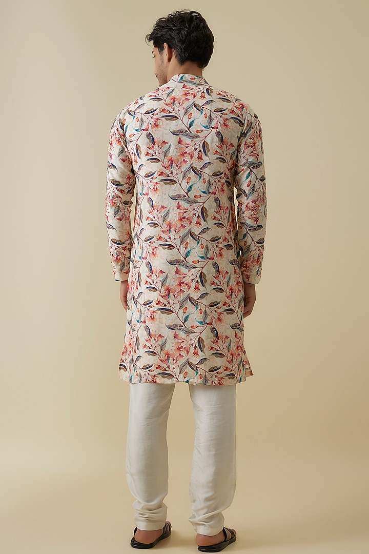 Multi-Colored Mysore Silk Floral Printed & Sequins Hand Embroidered Kurta Set by AANURAG DALMIA at Pernia's Pop Up Shop