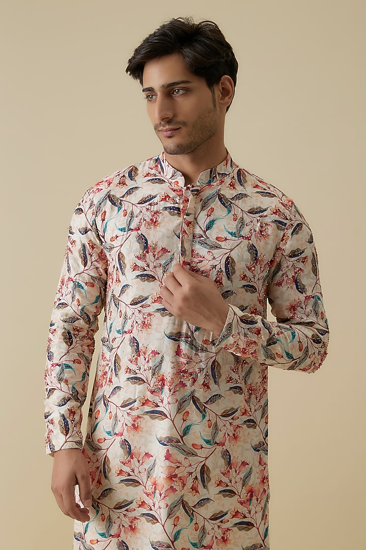 Multi-Colored Mysore Silk Floral Printed & Sequins Hand Embroidered Kurta Set by AANURAG DALMIA at Pernia's Pop Up Shop