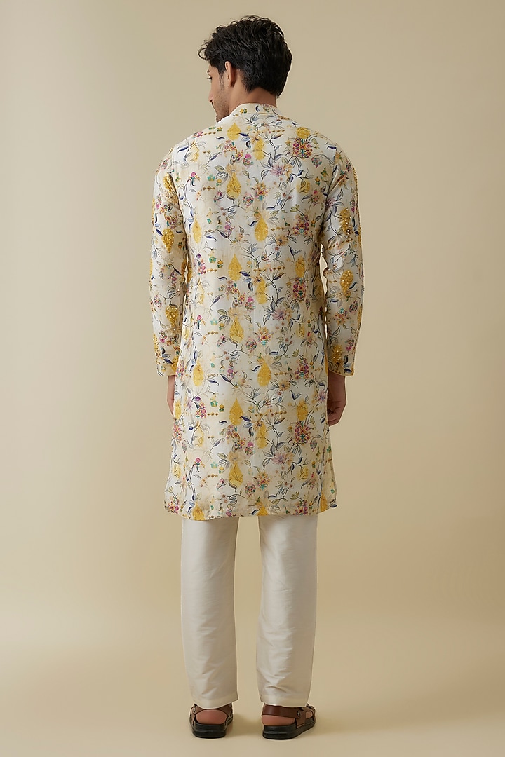 Multi-Colored Mysore Silk Floral Printed & Sequins Hand Embroidered Kurta Set by AANURAG DALMIA at Pernia's Pop Up Shop