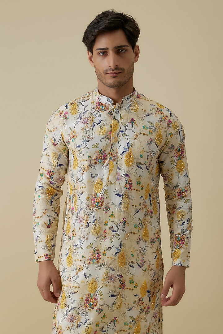 Multi-Colored Mysore Silk Floral Printed & Sequins Hand Embroidered Kurta Set by AANURAG DALMIA at Pernia's Pop Up Shop