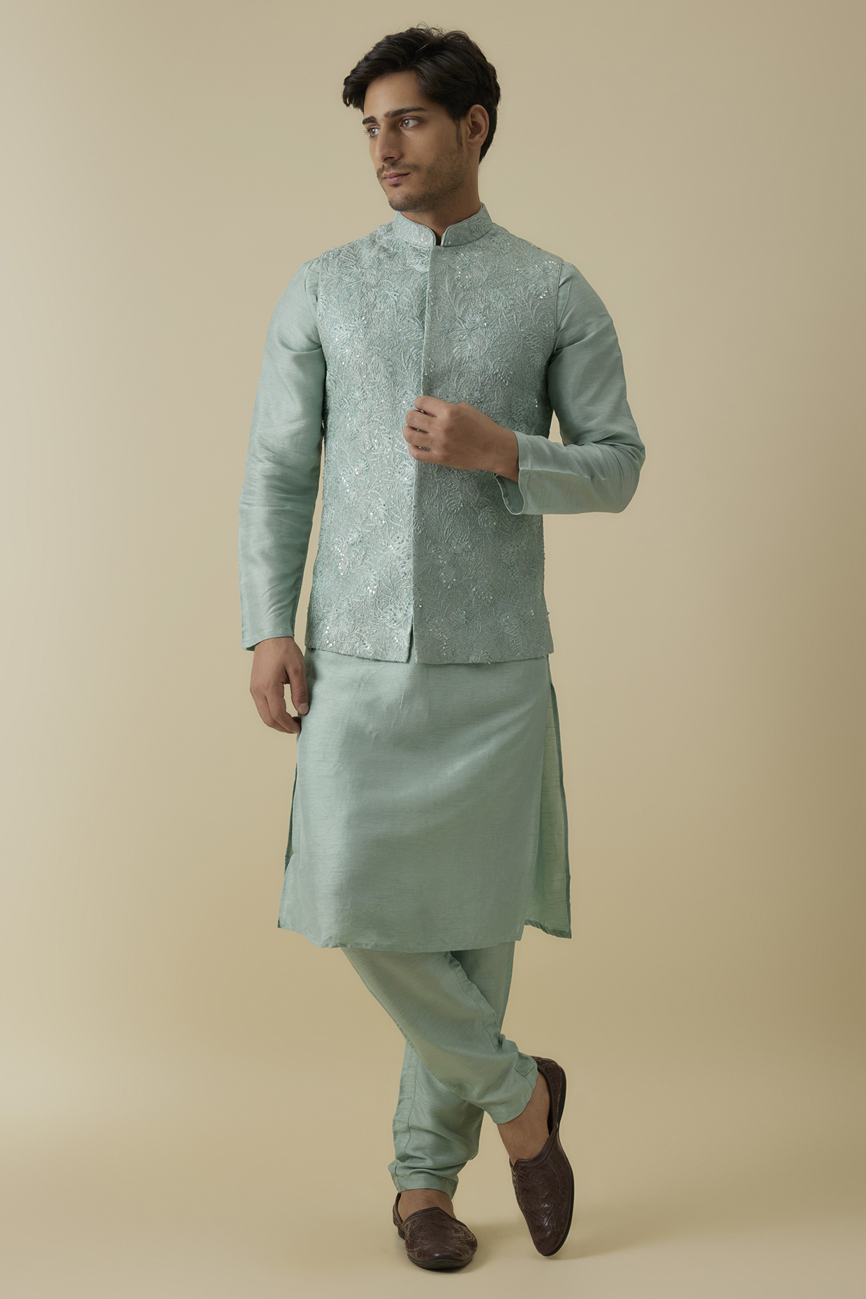 Sky Blue Bangalore Silk Floral Chikankari Work Bundi Jacket Set by AANURAG DALMIA