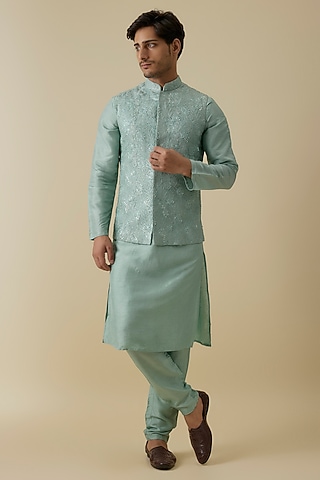 Sky Blue Bangalore Silk Floral Chikankari Work Bundi Jacket Set by AANURAG DALMIA