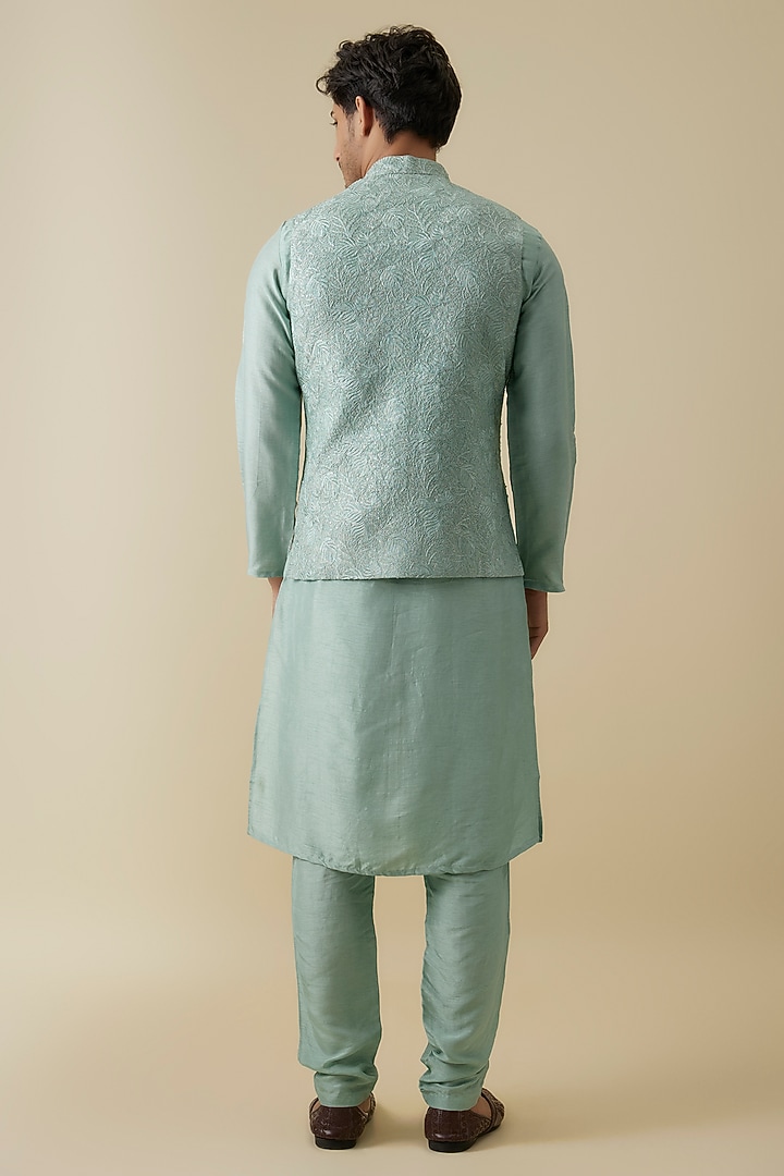 Sky Blue Bangalore Silk Floral Chikankari Work Bundi Jacket Set by AANURAG DALMIA at Pernia's Pop Up Shop