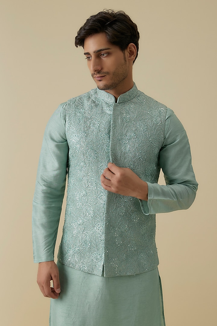 Sky Blue Bangalore Silk Floral Chikankari Work Bundi Jacket Set by AANURAG DALMIA at Pernia's Pop Up Shop