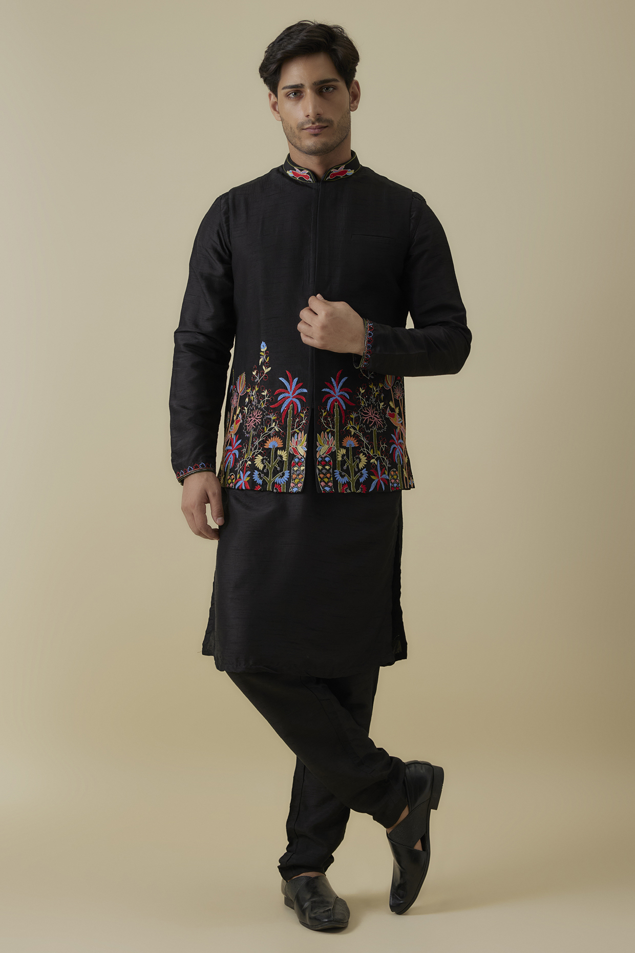 Black Bangalore Silk Embroidered Bundi Jacket Set by AANURAG DALMIA