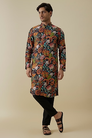 Multi-Colored Mysore Silk Floral Printed & Sequins Embroidered Kurta Set by AANURAG DALMIA