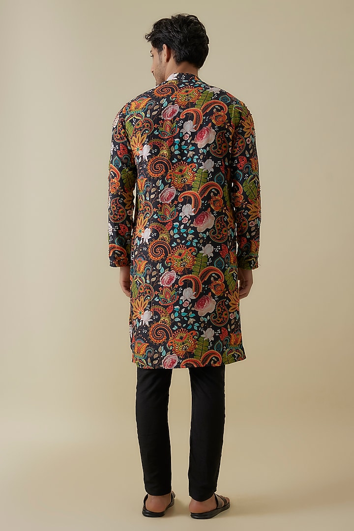 Multi-Colored Mysore Silk Floral Printed & Sequins Embroidered Kurta Set by AANURAG DALMIA at Pernia's Pop Up Shop
