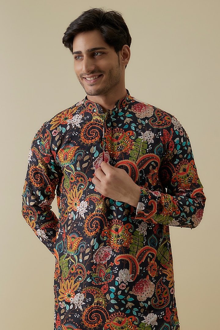 Multi-Colored Mysore Silk Floral Printed & Sequins Embroidered Kurta Set by AANURAG DALMIA at Pernia's Pop Up Shop